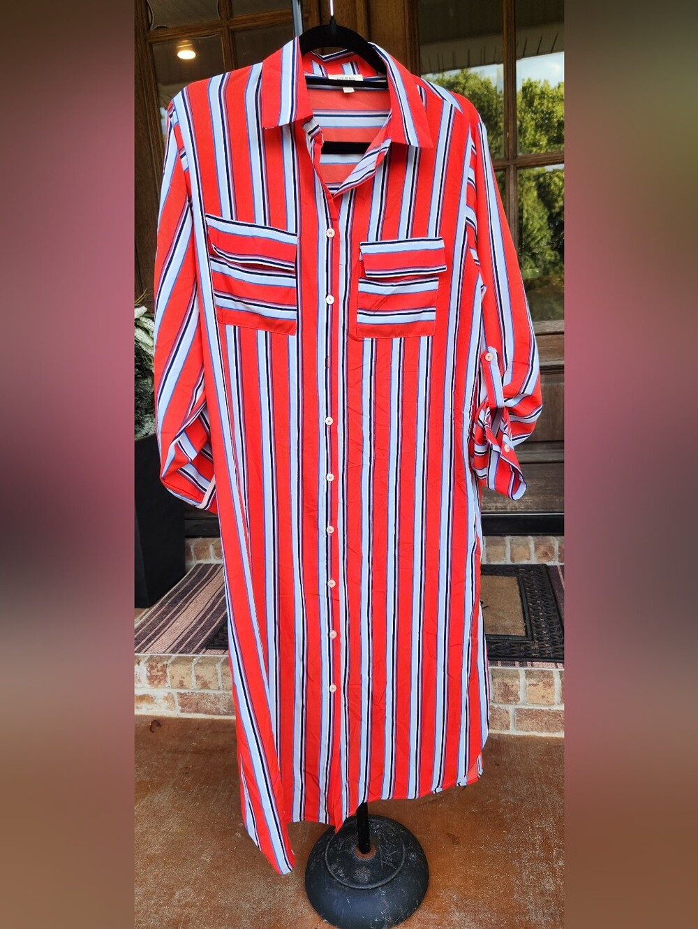 Umgee Striped Button-Front Maxi Shirt Dress Tunic – Red, Blue & White Size S